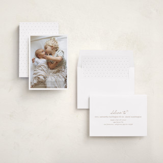This is a sugar foil stamped birth announcements with foil pressed by Ashley Iwafuchi called loving welcome printing on recycled smooth signature in standard