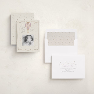 This is a lilac foil stamped birth announcements with foil pressed by Summer Winkelman called balloon whimsy printing on recycled smooth signature in standard