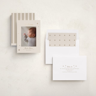 This is a linen foil stamped birth announcements with foil pressed by Nicole Walsh called scattered stars printing on recycled smooth signature in standard