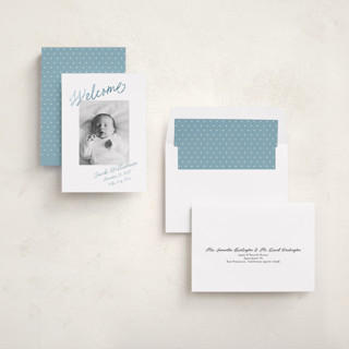 This is a cotton foil stamped birth announcements with foil pressed by Stacy Maalouf called sweet welcome printing on signature in standard