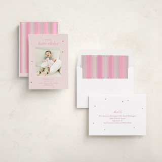 This is a ballet slipper foil stamped birth announcements with foil pressed by Megan Davis called plum perfect printing on recycled smooth signature in standard