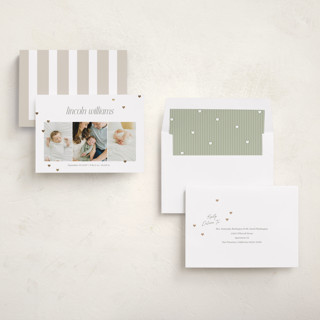 This is a linen foil stamped birth announcements with foil pressed by Robert and Stella called lots of love printing on recycled smooth signature in standard
