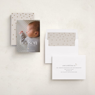 This is a cream foil stamped birth announcements with foil pressed by Vera Lim called tiny star printing on recycled smooth signature in standard