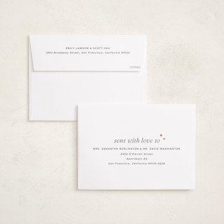 This is a cream foil stamped birth announcements with foil pressed by Vera Lim called tiny star printing on recycled smooth signature in standard