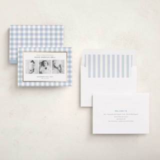 This is a powder foil stamped birth announcements with foil pressed by letterfix called soft gingham printing on recycled smooth signature in standard
