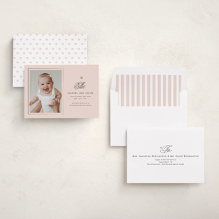 This is a blush foil stamped birth announcements with foil pressed by Alethea and Ruth called tiny heart detail printing on recycled smooth signature in standard