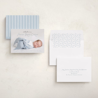 This is a cloud foil stamped birth announcements with foil pressed by Laura Hankins called handdrawn printing on recycled smooth signature in standard