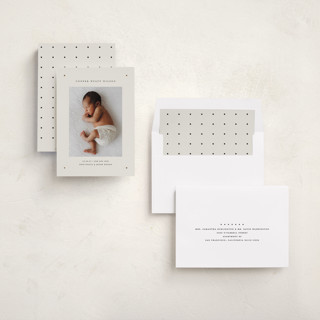 This is a ink foil stamped birth announcements with foil pressed by Kelly Watkins called mini dot printing on recycled smooth signature in standard