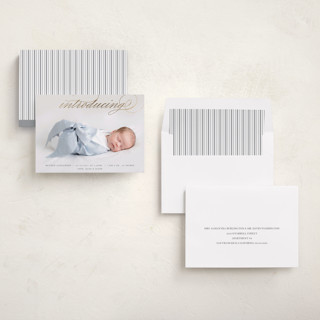 This is a cloud foil stamped birth announcements with foil pressed by Selima Akhter called script intro printing on recycled smooth signature in standard