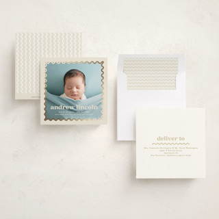 This is a almond foil stamped birth announcements with foil pressed by Creo Study called glimmering ric-rac printing on recycled smooth signature in standard