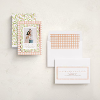 This is a peach foil stamped birth announcements with foil pressed by Creo Study called patio printing on recycled smooth signature in standard