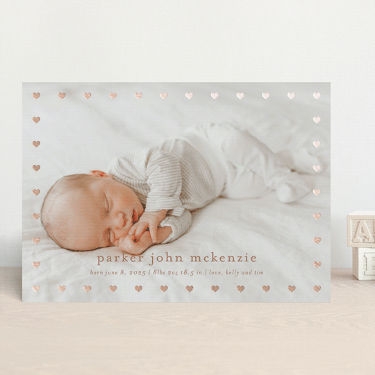 "Mini Hearts Frame" - Foil-pressed Birth Announcements in Rose by Stacey Meacham.