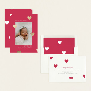 This is a raspberry foil stamped birth announcements with foil pressed by Iveta Angelova called cute hearts printing on recycled smooth signature in standard