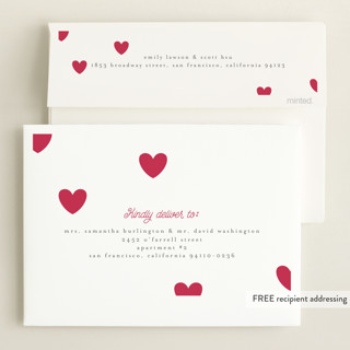This is a raspberry foil stamped birth announcements with foil pressed by Iveta Angelova called cute hearts printing on recycled smooth signature in standard