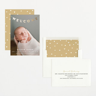 This is a cloud foil stamped birth announcements with foil pressed by Maria Alou called welcome banner printing on recycled smooth signature in standard