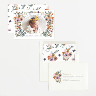 This is a buttercup foil stamped birth announcements with foil pressed by Morgan Ramberg called blossom baby printing on recycled smooth signature in standard