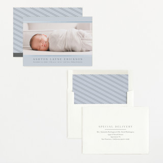 This is a denim foil stamped birth announcements with foil pressed by Jessica Williams called lined printing on signature in standard