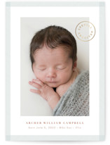 This is a blue foil stamped birth announcement by Kate Ahn called special delivery stamp with foil-pressed printing on smooth signature in standard.