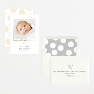 This is a cloud foil stamped birth announcements with foil pressed by Baumbirdy called little bow printing on recycled smooth signature in standard