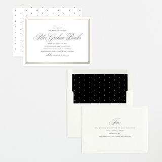 This is a inkwell foil stamped birth announcements with foil pressed by Megan Davis called scholarly charm printing on signature in standard