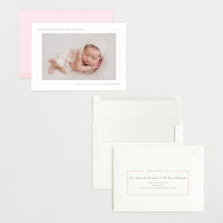 This is a blush grand birth announcements with standard by Lauren Chism called simply serene printing on recycled smooth signature in grand