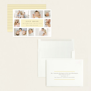 This is a butter grand birth announcements with standard by Maria Alou called family album printing on recycled smooth signature in grand