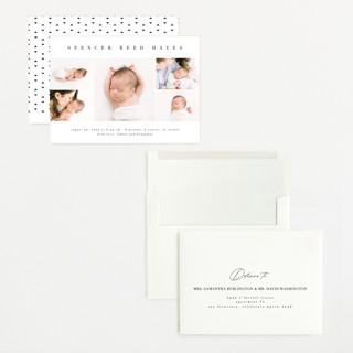 This is a white linen grand birth announcements with standard by Erica Krystek called sweet simplicity printing on recycled smooth signature in grand