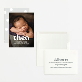 This is a ghost grand birth announcements with standard by Lea Delaveris called modern vintage printing on recycled smooth signature in grand