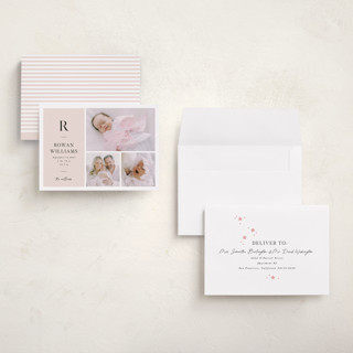 This is a blush grand birth announcements with standard by Robert and Stella called monogram block printing on recycled smooth signature in grand