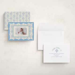 This is a periwinkle grand birth announcements with standard by Jackie Crawford called highgrove printing on recycled smooth signature in grand