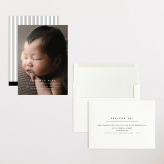 This is a vanilla grand birth announcements with standard by Pixel and Hank called primary printing on recycled smooth signature in grand