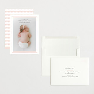 This is a baby blush grand birth announcements with standard by Carolyn MacLaren called scalloped border printing on recycled smooth signature in grand