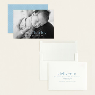 This is a sky blue grand birth announcements with standard by Hooray Creative called meet charley printing on recycled smooth signature in grand