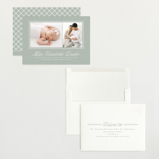 This is a sage grand birth announcements with standard by Laura Hankins called byline printing on recycled smooth signature in grand