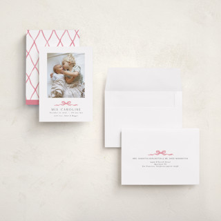 This is a cotton candy grand birth announcements with standard by Paula Pecevich called sweet bow printing on recycled smooth signature in grand