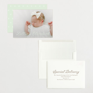 This is a mint grand birth announcements with standard by Megan Davis called georgette printing on recycled smooth signature in grand
