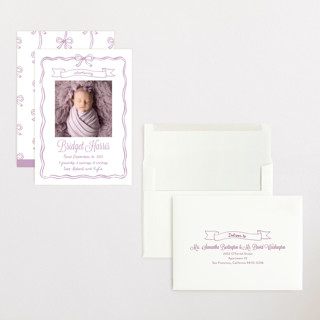 This is a lavander grand birth announcements with standard by Cass Loh called bow frame printing on recycled smooth signature in grand