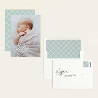 This is a sugar grand birth announcements with standard by Jessica Williams called precious script printing on recycled smooth signature in grand