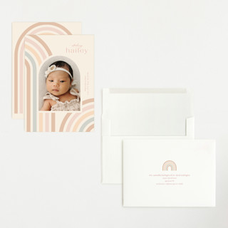 This is a taupe grand birth announcements with standard by Ashley Iwafuchi called mod rainbow arch printing on recycled smooth signature in grand