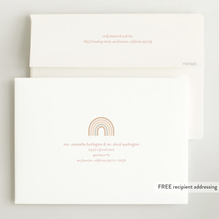 This is a taupe grand birth announcements with standard by Ashley Iwafuchi called mod rainbow arch printing on recycled smooth signature in grand