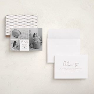 This is a caramel grand birth announcements with standard by Michelle Taylor called trio of love printing on recycled smooth signature in grand