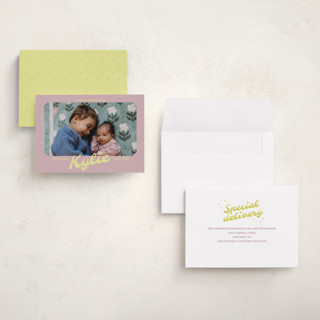 This is a mauve grand birth announcements with standard by Inkblot Design called retro printing on recycled smooth signature in grand