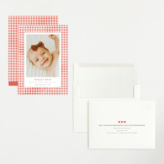 This is a coral grand birth announcements with standard by Jessie Steury called gingham printing on recycled smooth signature in grand