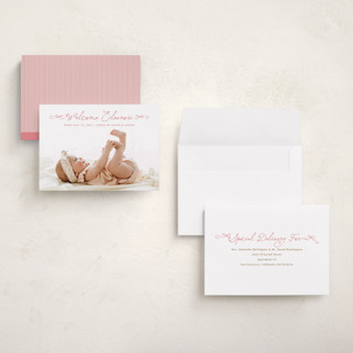 This is a flamingo grand birth announcements with standard by Jackie Crawford called tiny bow script printing on recycled smooth signature in grand