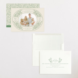 This is a sage grand birth announcements with standard by Anastasia Makarova called bunnies and flowers printing on signature in grand