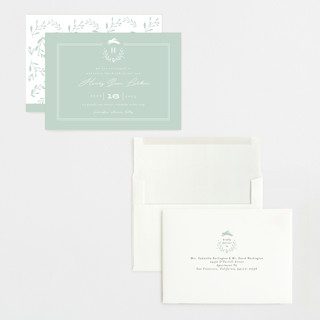 This is a pale mint grand birth announcements with standard by Susan Brown called classic baby monogram printing on signature in grand
