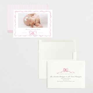 This is a peony grand birth announcements with standard by Creo Study called squiggle bow printing on recycled smooth signature in grand