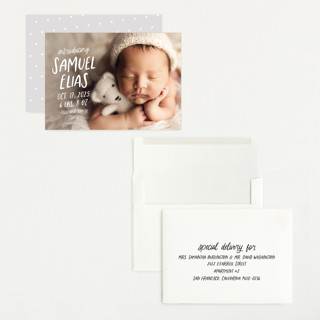 This is a cloud grand birth announcements with standard by Lea Delaveris called all write printing on recycled smooth signature in grand