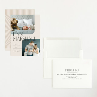 This is a linen grand birth announcements with standard by Kelly Schmidt called happy overlay printing on recycled smooth signature in grand