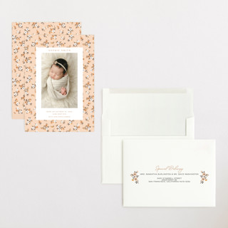 This is a peach grand birth announcements with standard by Sherley Ferreira called spring gardens printing on recycled smooth signature in grand